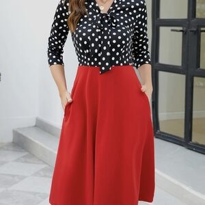 Elegant Polka Dot and Red A-Line Dress